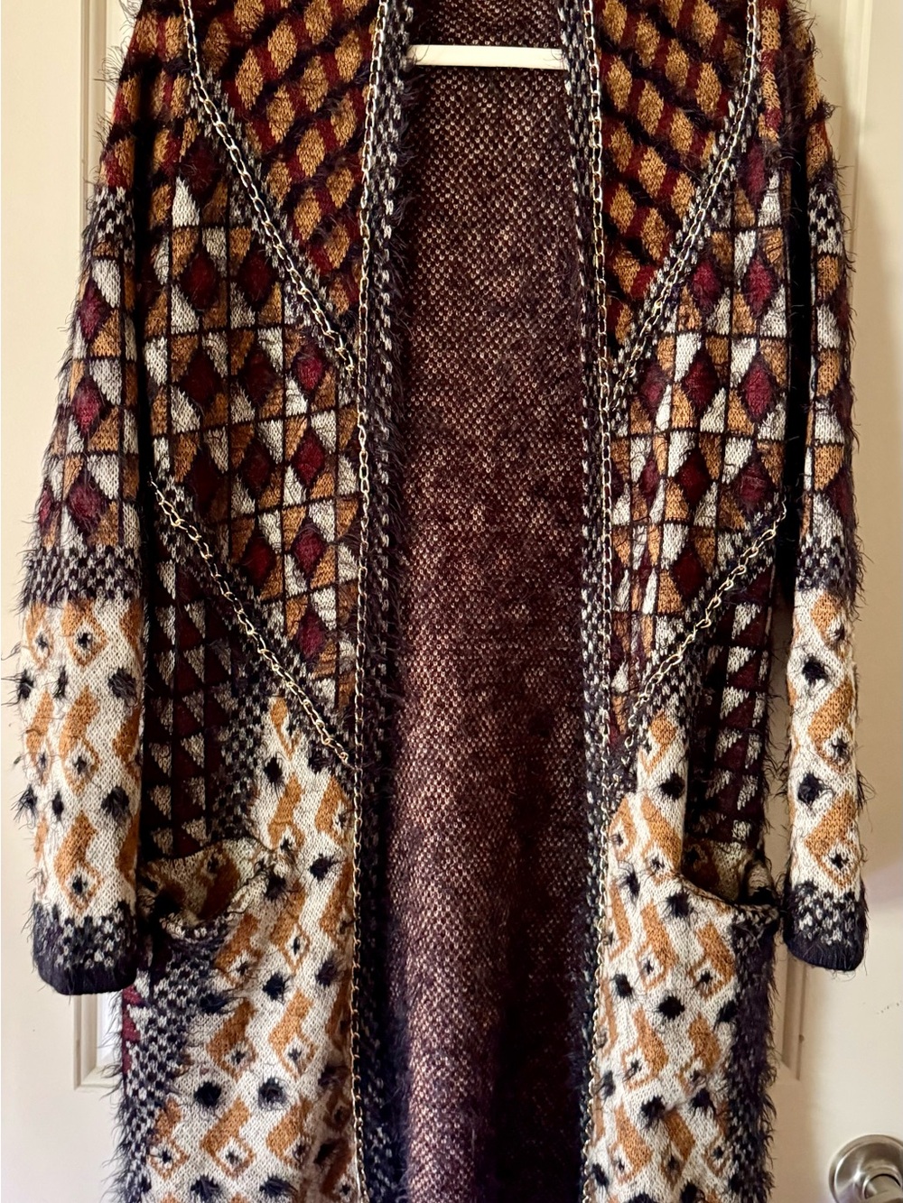 Cozy Geometric Knit Cardigan Sweater - Brown, Cream & Burgundy